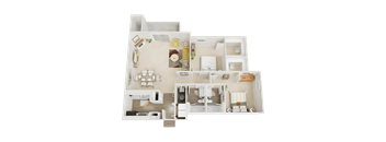 A detailed 3D model of a house layout with labeled rooms.