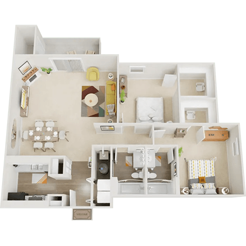 A detailed 3D model of a house layout with labeled rooms.
