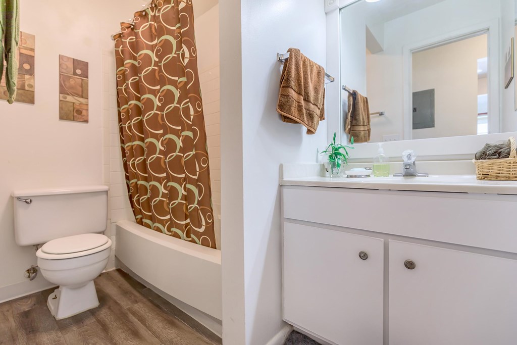 A bathroom with a toilet, a shower curtain, a sink, and a mirror.