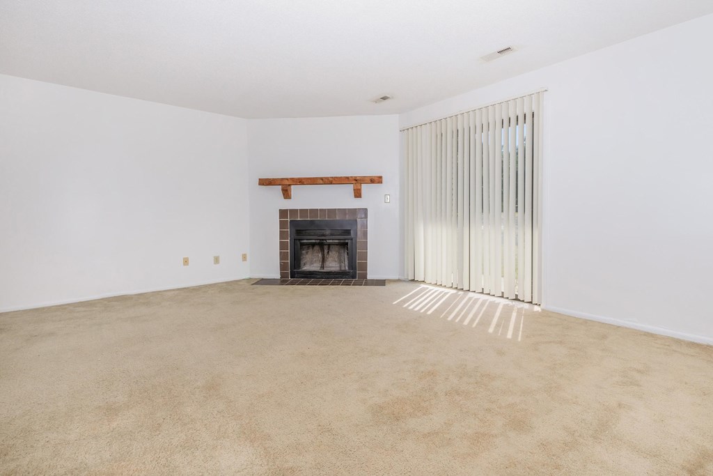 A room with a fireplace and a carpet.