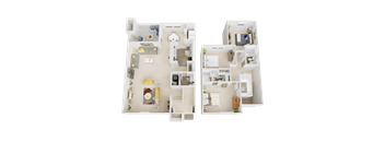 Two 3D floor plans of a house showing the layout of rooms and furniture.