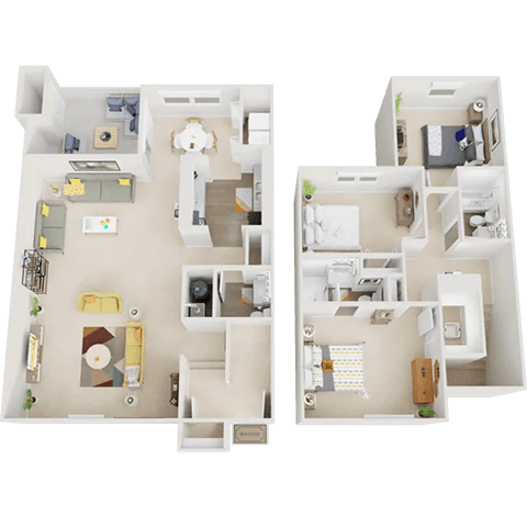 Two 3D floor plans of a house showing the layout of rooms and furniture.