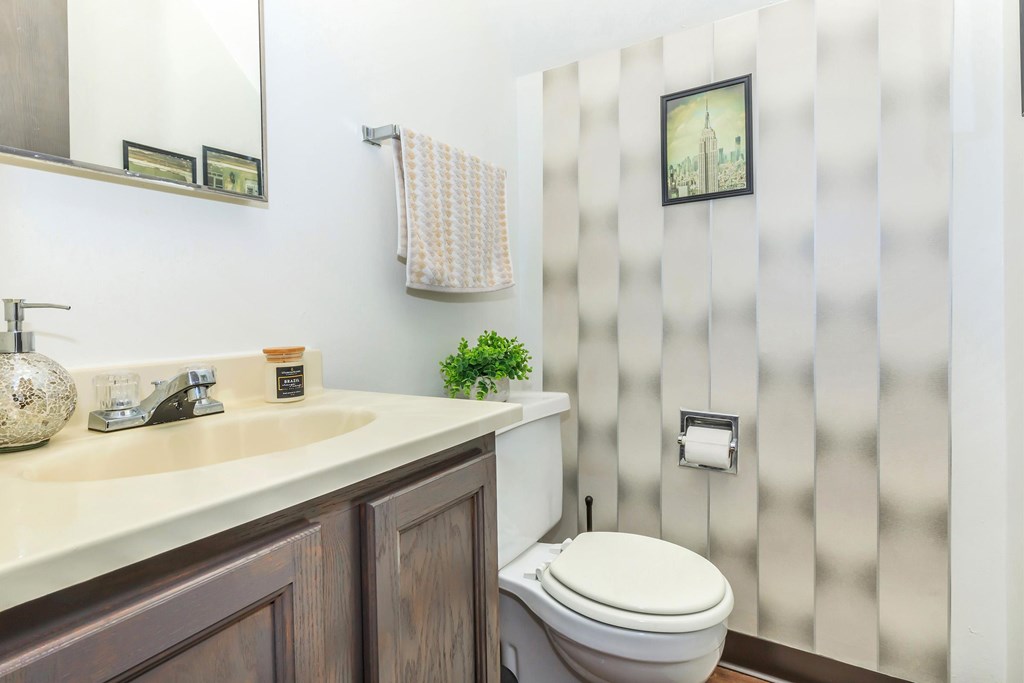 A bathroom with a toilet, sink, and a mirror.