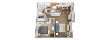 A top-down view of a modern apartment layout with a kitchen, living room, and bedroom.