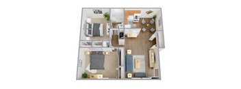 A top-down view of a modern apartment layout with a kitchen, living room, and bedroom.