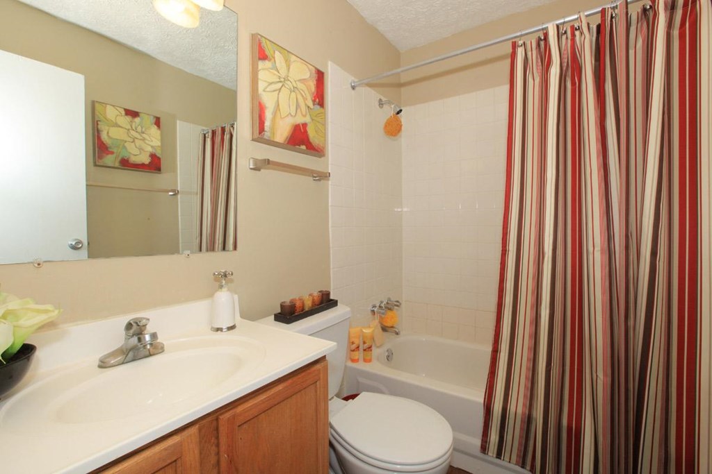 A bathroom with a toilet, sink, and striped shower curtain.