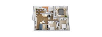 A top-down view of a small apartment with a kitchen, living room, and bedroom.