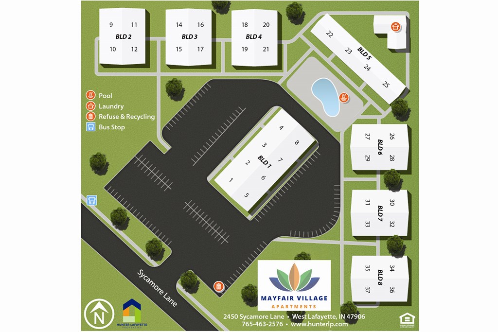 A map of Mayfair Village Apartments with a pool, laundry, and recycling center.