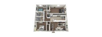 A 3D rendered image of a small apartment layout.