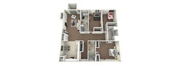 A 3D floor plan of a small apartment with a kitchen, living room, and bedroom.