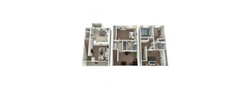 A 3D floor plan of a house with three bedrooms, two bathrooms, a living room, a kitchen, and a dining area.