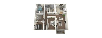A 3D floor plan of a small apartment with a kitchen, living room, and bedrooms.