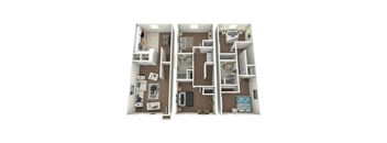 A 3D floor plan of a house with a kitchen, living room, and bathroom.