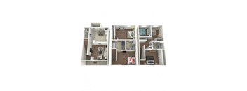 A 3D floor plan of a house with three bedrooms, two bathrooms, a living room, a kitchen, and a dining area.