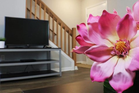 A pink flower in a vase sits in front of a television and a staircase.