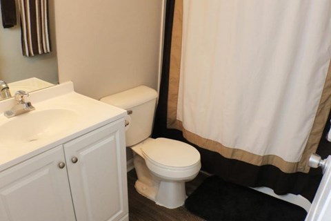 A white toilet sits next to a sink in a bathroom.