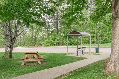 A picnic area with a table and benches under a shelter.