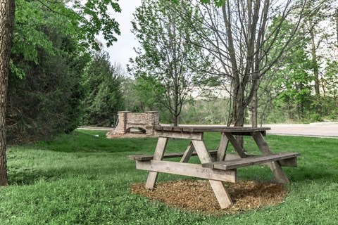 A picnic table sits in a grassy area with trees in the background.