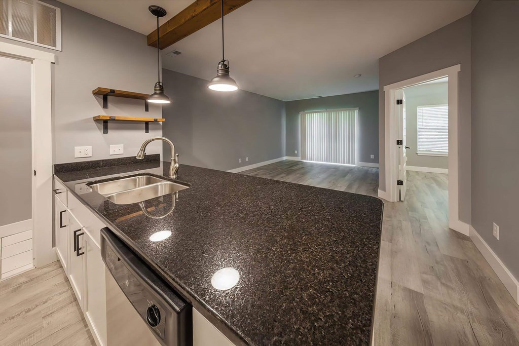 A kitchen with a granite countertop and a sink.