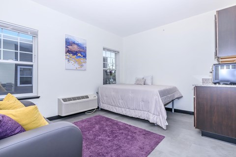 A bedroom with a bed, a couch, and a purple rug.