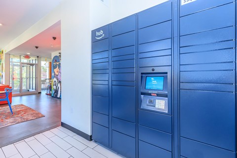 A blue locker with a sign that says hub on it.