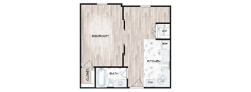 A floor plan of a small apartment with a bedroom, kitchen, bathroom, and closet.