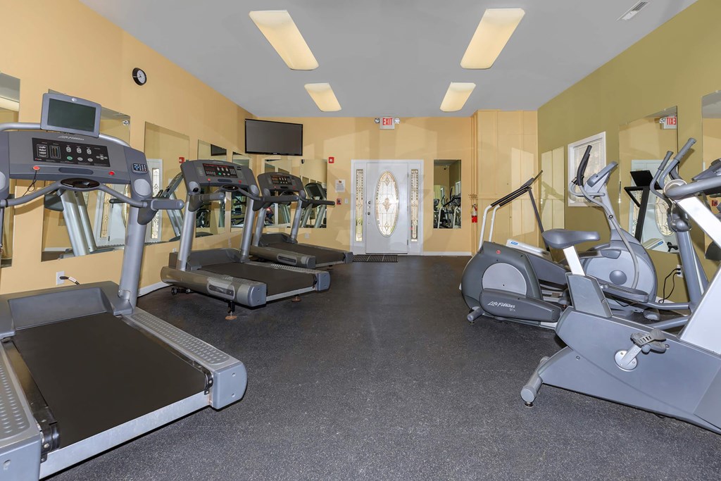 A gym with treadmills and elliptical machines.