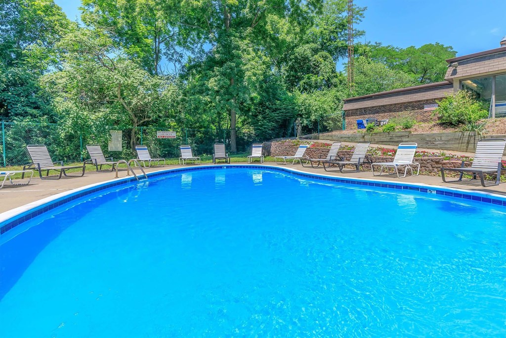 A swimming pool surrounded by trees and lounge chairs.