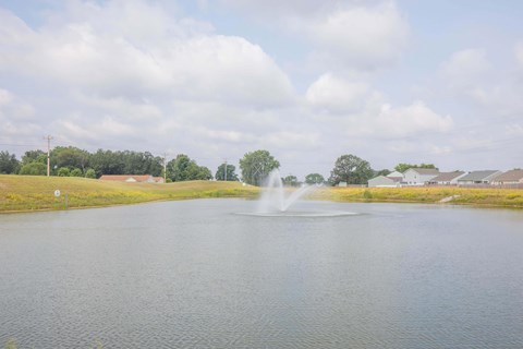 A fountain in the middle of a lake with houses and trees in the background.