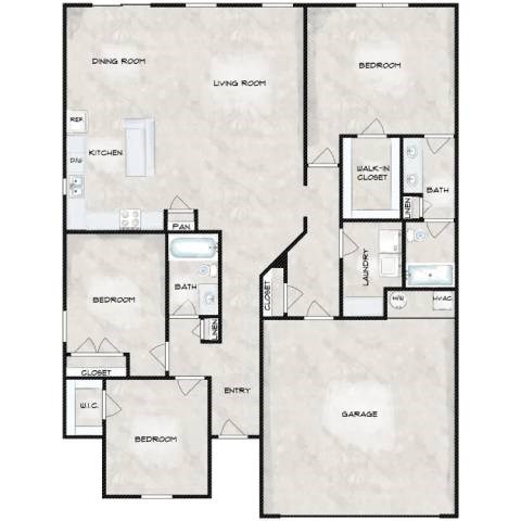 A floor plan of a house with two bedrooms, a living room, a dining room, a kitchen, a bathroom, a walk-in closet, and a garage.