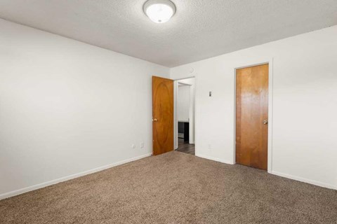 A room with two doors and carpeted floor.
