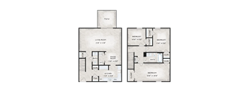 A floor plan of a two bedroom apartment with a living room, dining room, kitchen, and bathroom.
