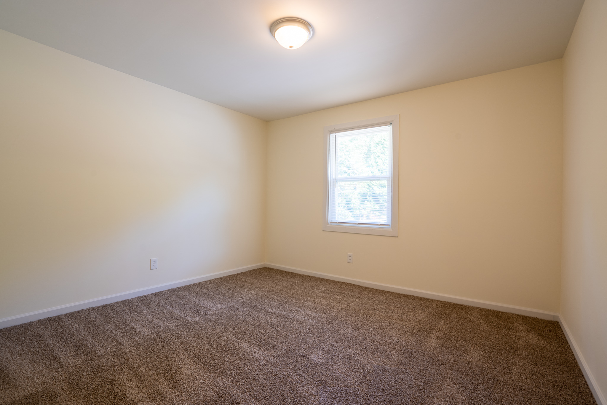 an empty living room with carpet and a window