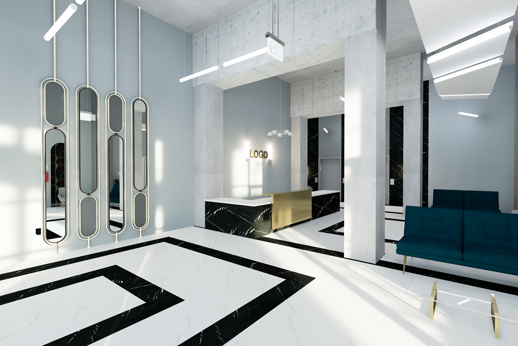 A modern living room with a black and white rug and a green sofa.