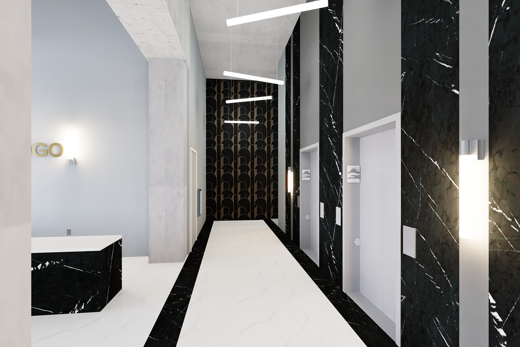 A long hallway with a marble floor and walls.