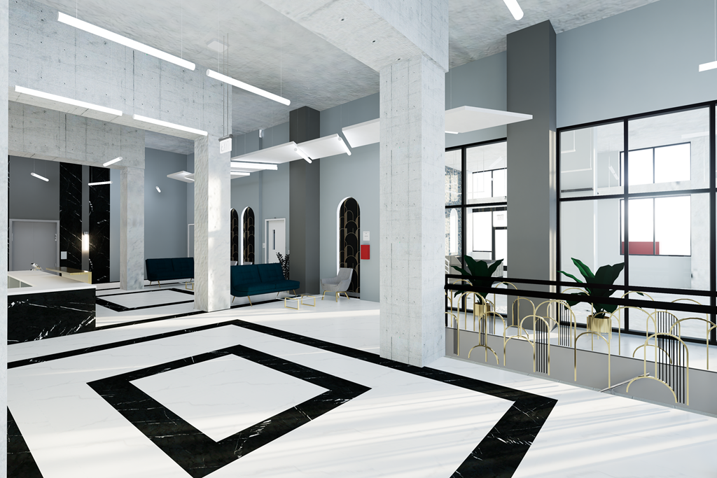 A large open space with a white floor and black and white geometric patterns.