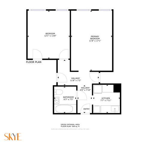 a floor plan of a 1 bedroom floor plan with 2 baths