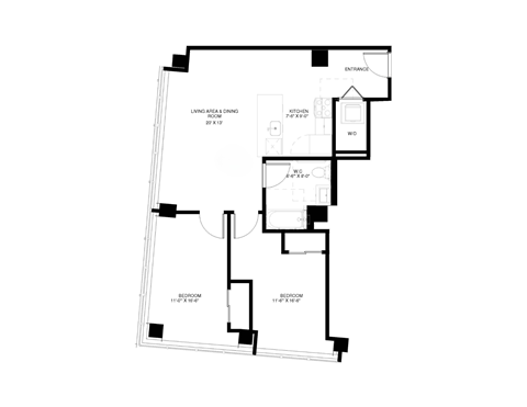 A floor plan of a house with a kitchen, living room, and two bedrooms.