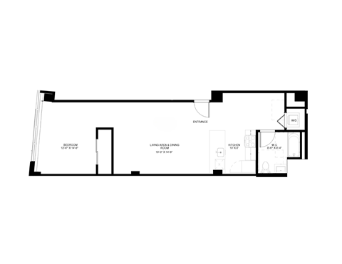 A floor plan of a house with a living area, dining room, kitchen, and two bathrooms.