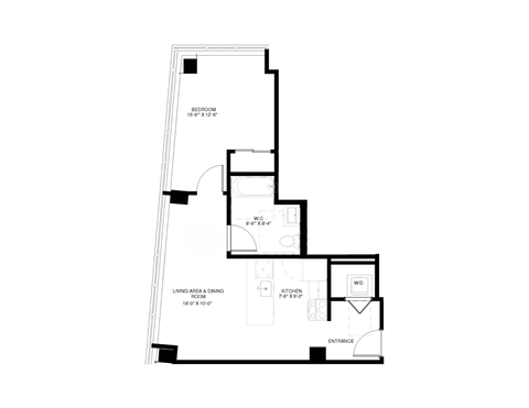 A black and white floor plan of a home with a living area, dining room, kitchen, and bedroom.