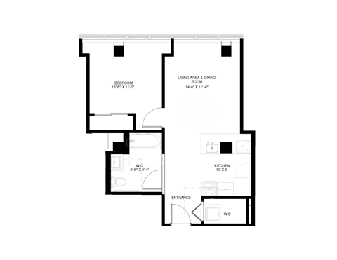 A black and white floor plan of an apartment with a bedroom, living area, kitchen, and bathroom.