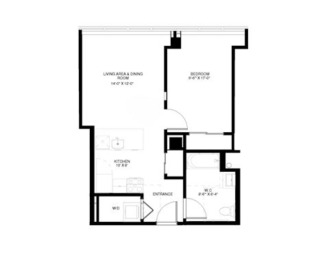 A floor plan of a house with a living area, kitchen, and bathroom.