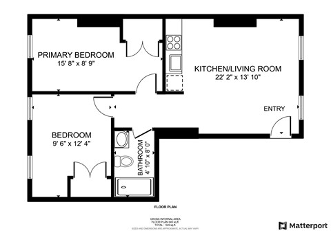 A floor plan of a home with a primary bedroom, a kitchen/living room, and a bathroom.