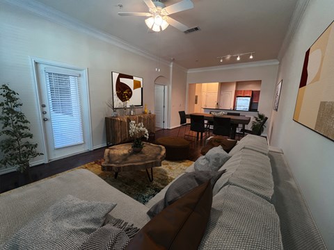 a living room with a couch and a table