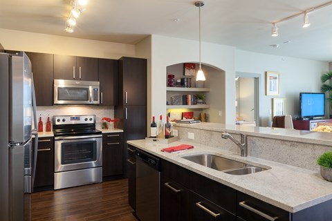 A modern kitchen with black cabinets and stainless steel appliances.