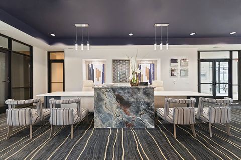 a rendering of a restaurant with a marble counter and chairs