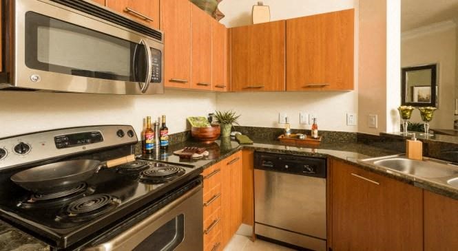 a kitchen with a stove and a sink and a microwave