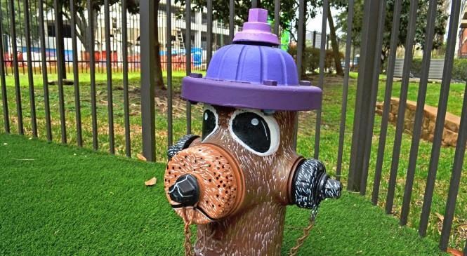 a fire hydrant with a purple hat on top of it