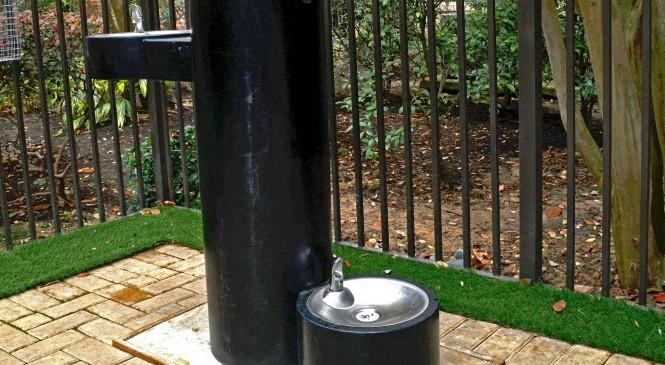 a stainless steel water fountain in front of a black fence