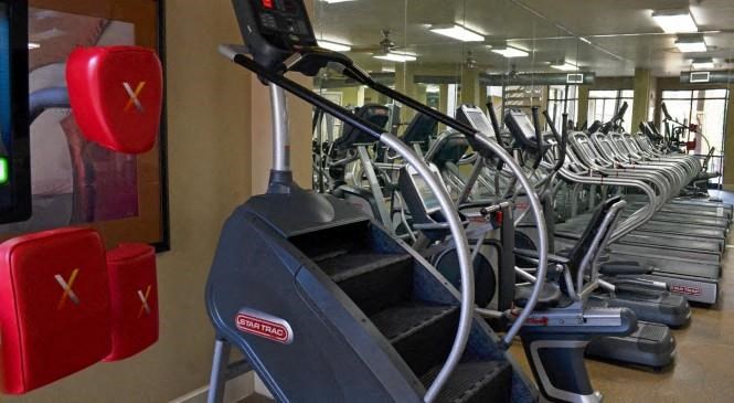 a row of cardio machines in a gym